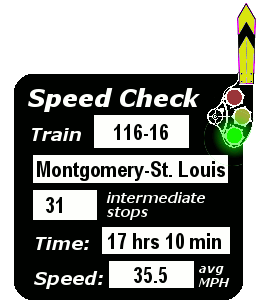 Train 116-16 (Montgomery-St. Louis): 31 stops; 17:10; 35.5 MPH