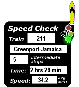 Train 211 (Greenport-Jamaica): 5 stops; 2:29; 34.2 MPH