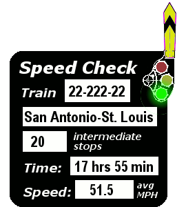 Train 22-222-22 (San Antonio-St. Louis): 20 stops; 17:55; 51.5 MPH