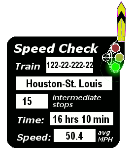 Train 122-22-222-22 (Houston-St. Louis): 15 stops; 16:10; 50.4 MPH